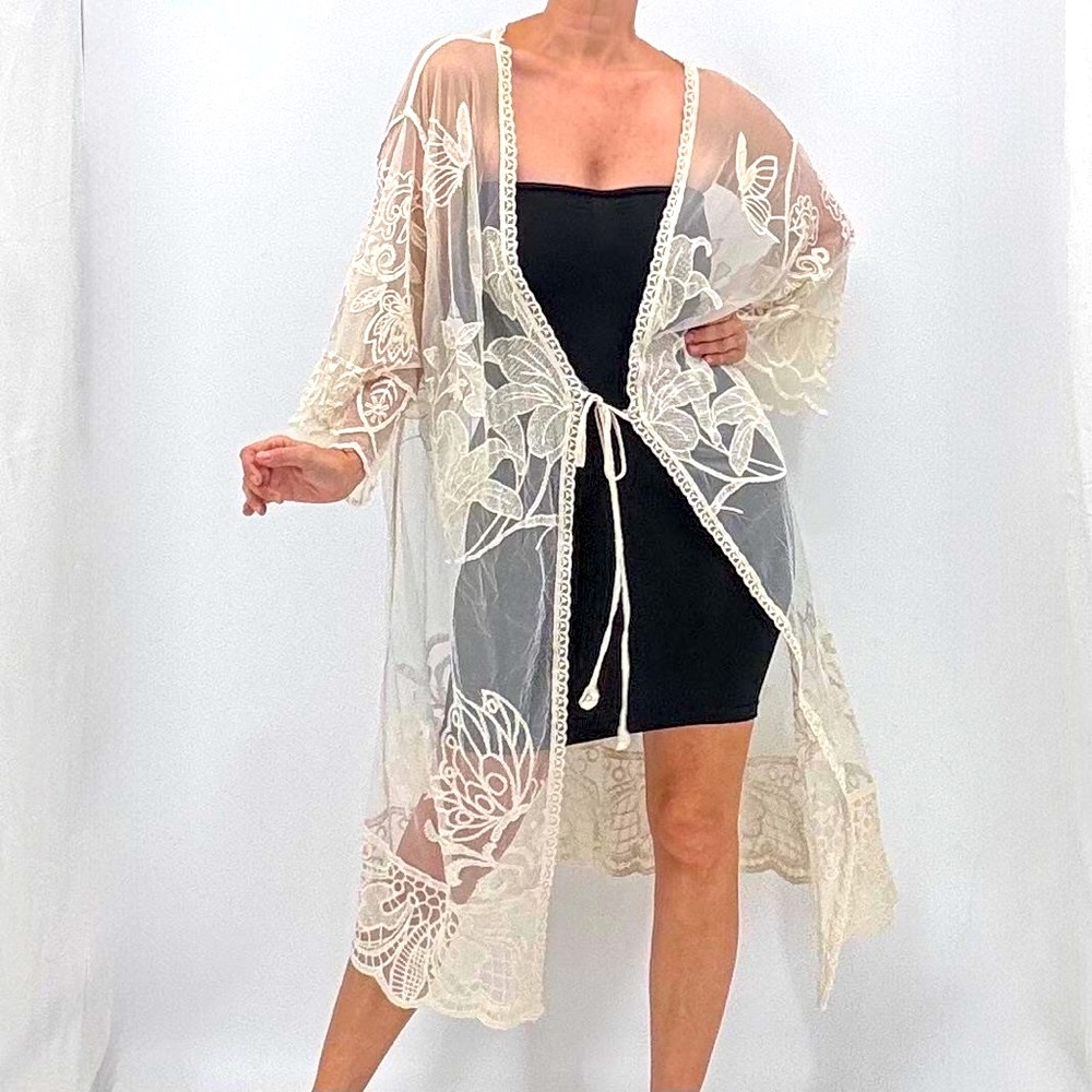 Vintage Boho Whimsigoth Ethereal Crochet Muumuu Duster Swim Cover Up Kimono